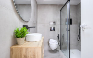 Small bathroom remodel in Rhode Island featuring a walk-in shower and modern vanity