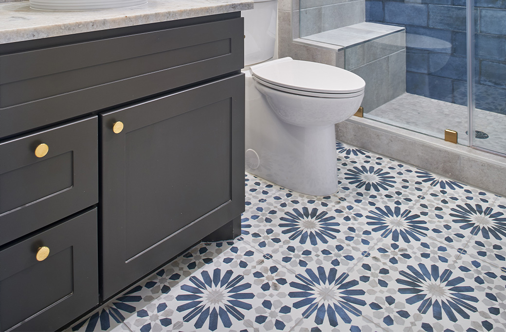 Porcelain bathroom floor tile installed during a Rhode Island bathroom renovation