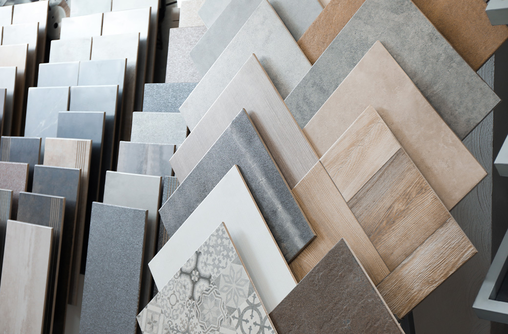 Bathroom remodeling materials including tile, fixtures, and finish selections