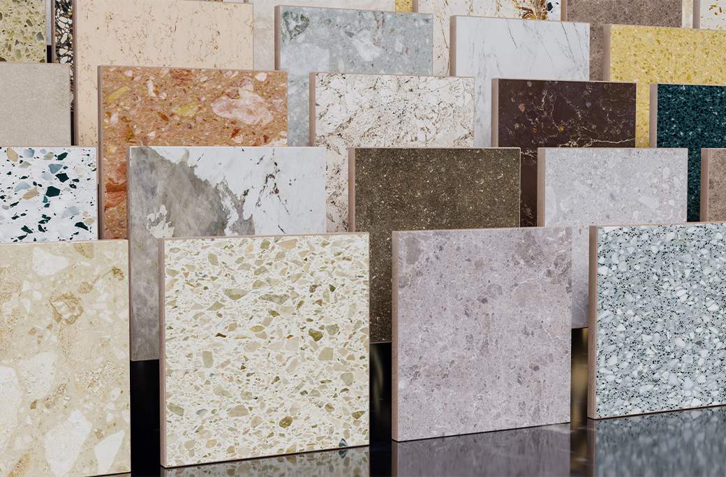 Bathroom vanity materials and countertop samples for a Rhode Island remodel