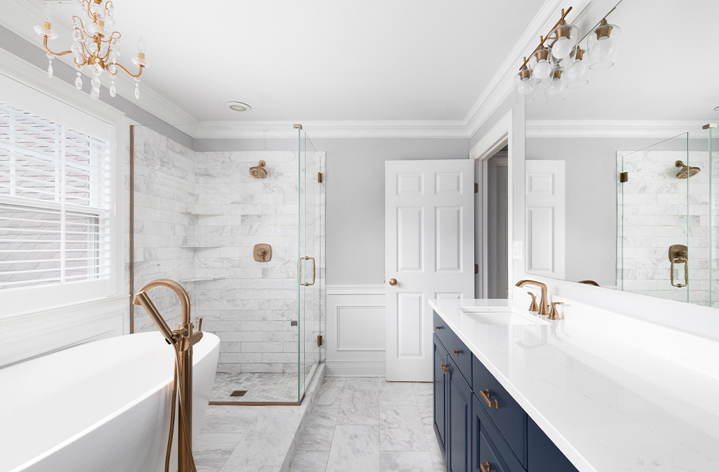 Completed Rhode Island bathroom remodel with custom tile, vanity, and walk-in shower