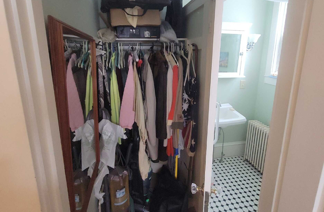 Before bathroom assessment showing a half-bath planned for conversion to a full bathroom in Tiverton, Rhode Island