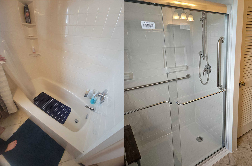 Before and after bathroom renovation showing an outdated bathroom transformed into a modern space in Cranston RI