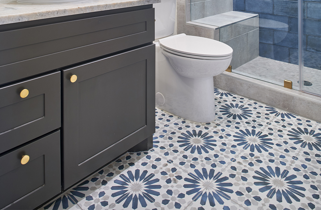 Bathroom remodel with durable tile flooring in a Rhode Island home